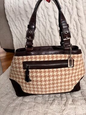 Coach Houndstooth Shoulder Bag in Brown and Cream